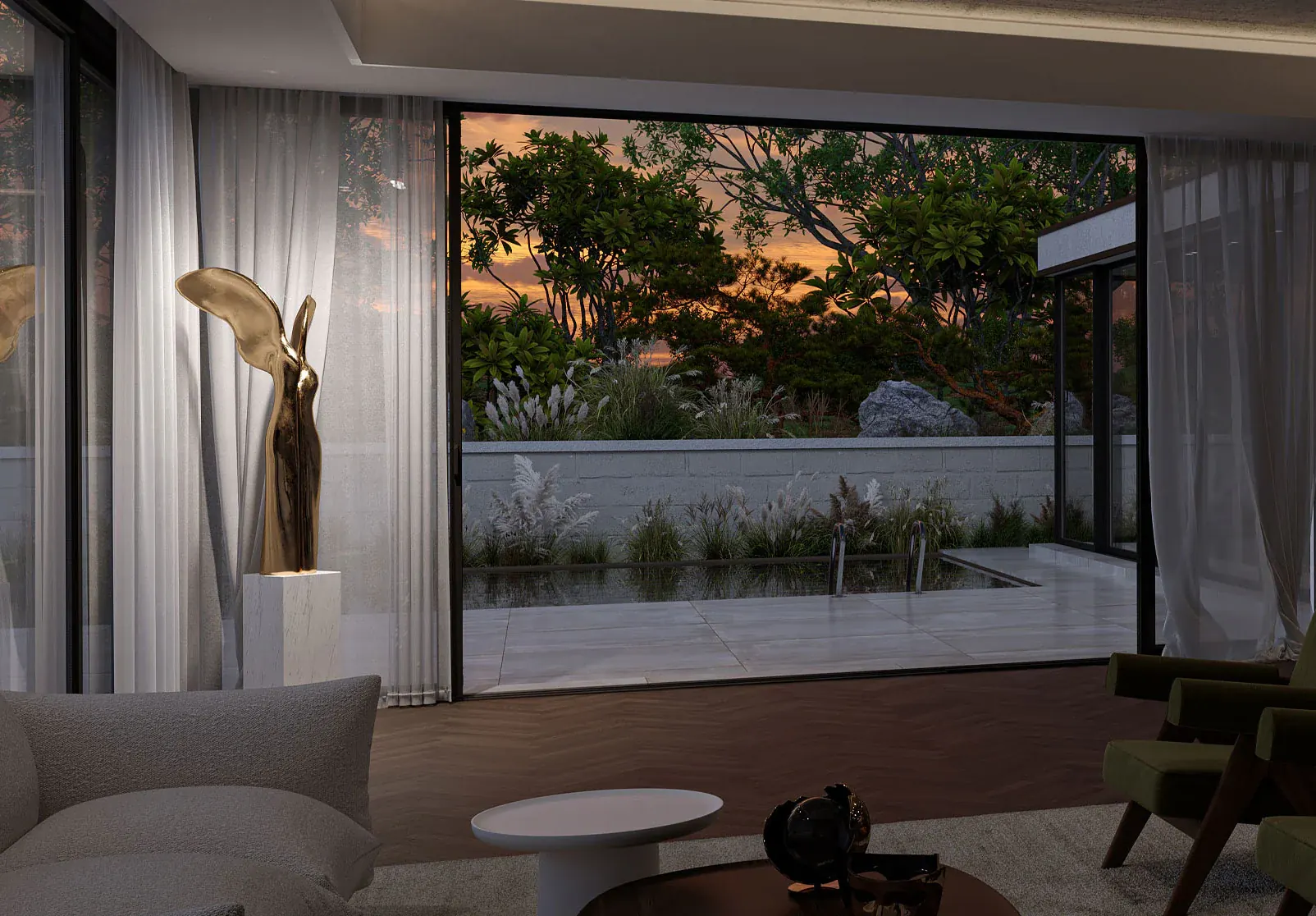 Living room opening to a lit terrace and garden at dusk