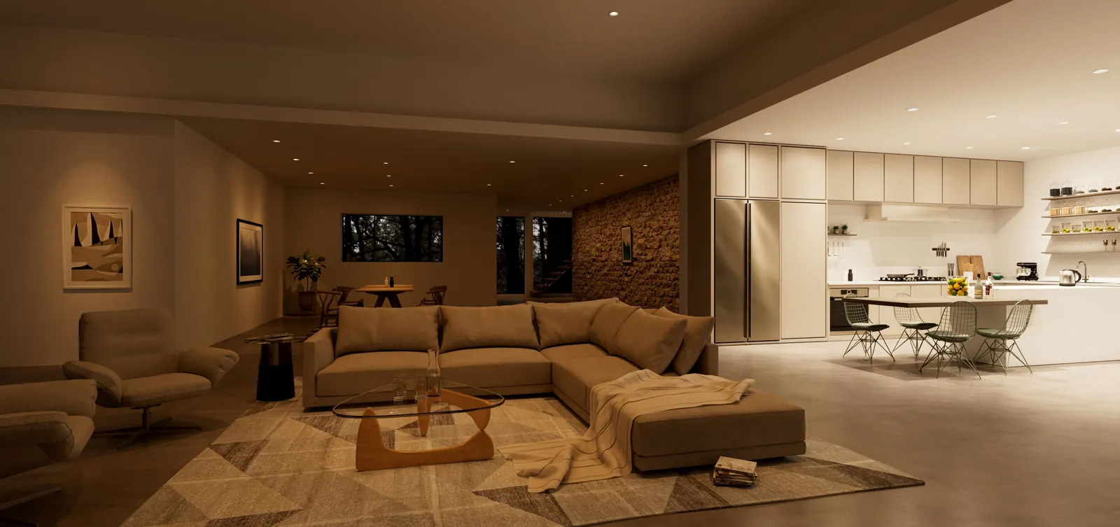 Living room lit with DMF Warm Dim downlights in the evening