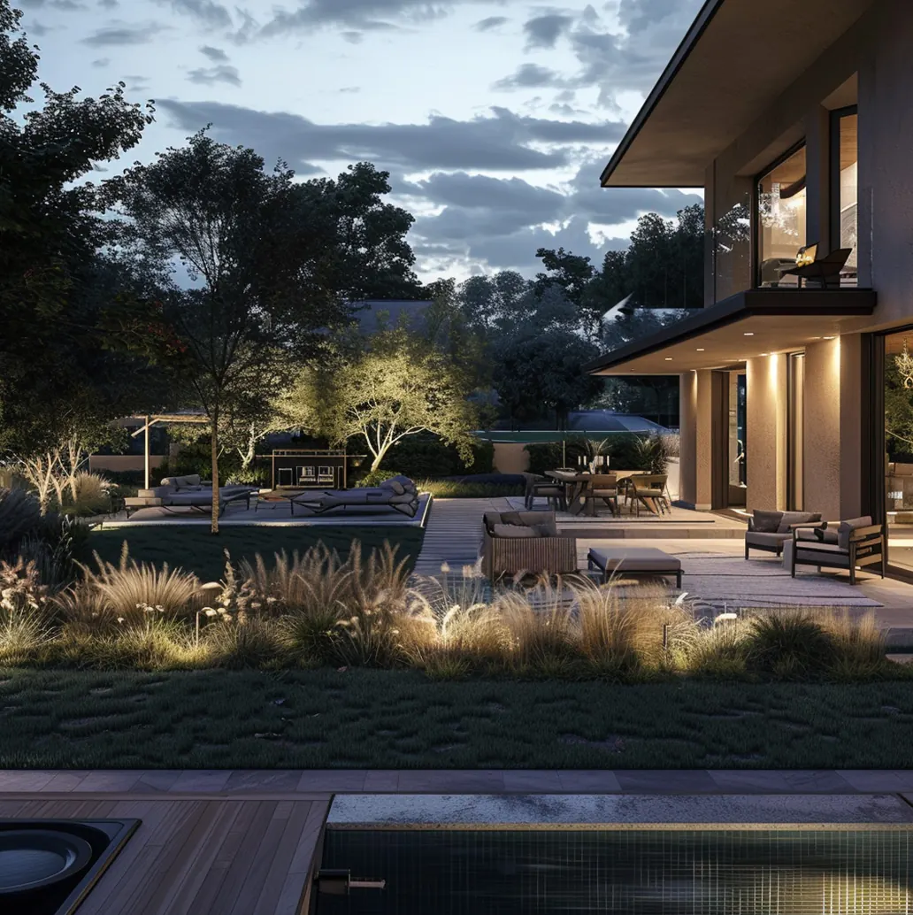 Contemporary home at dusk with uplit trees, lit terrace, and path lighting across the garden