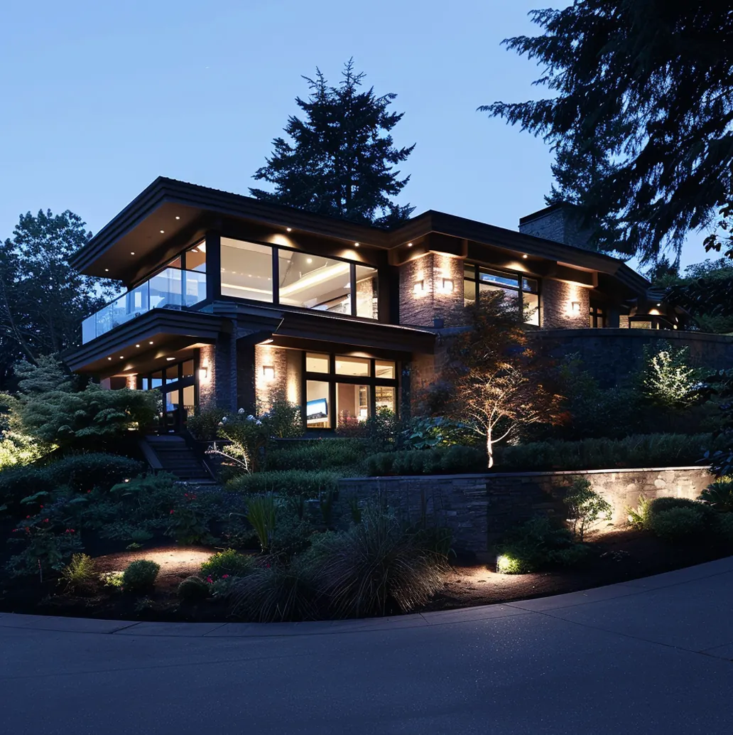 Modern hillside home at dusk with uplit trees and softly lit terraces
