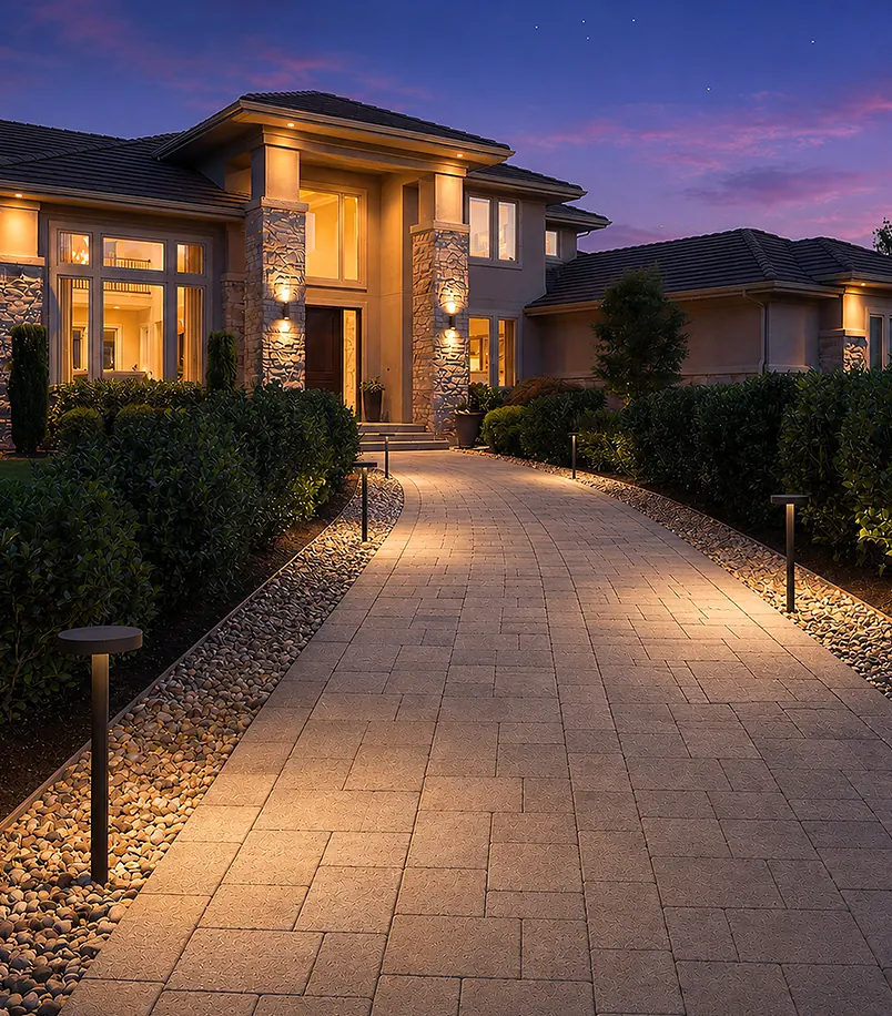 Stone walkway lined with low path lights leading to a lit house