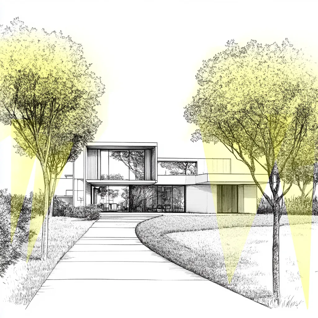 HK Lighting application sketch of uplit trees framing a modern house