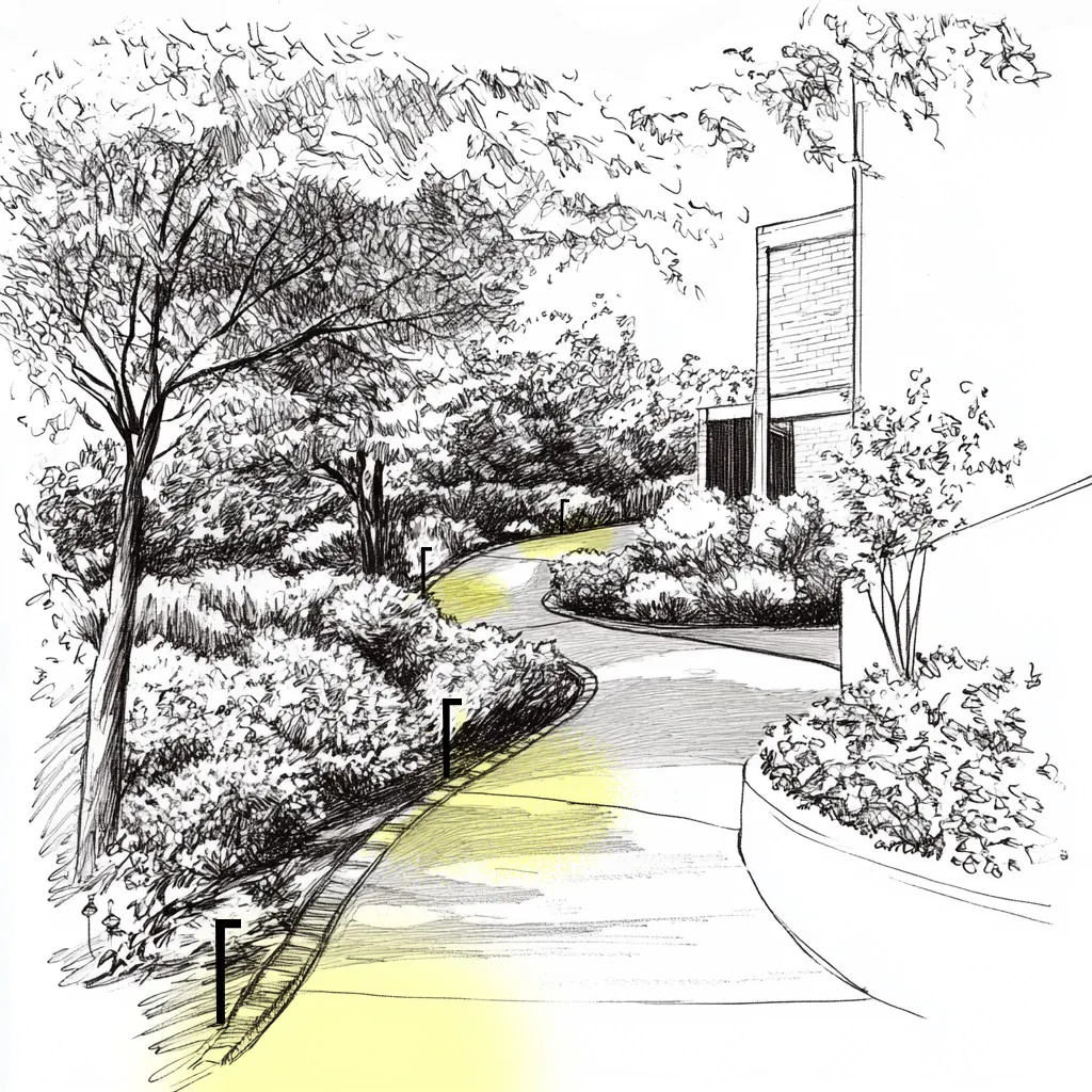 HK Lighting application sketch of path lights along a curving garden walk