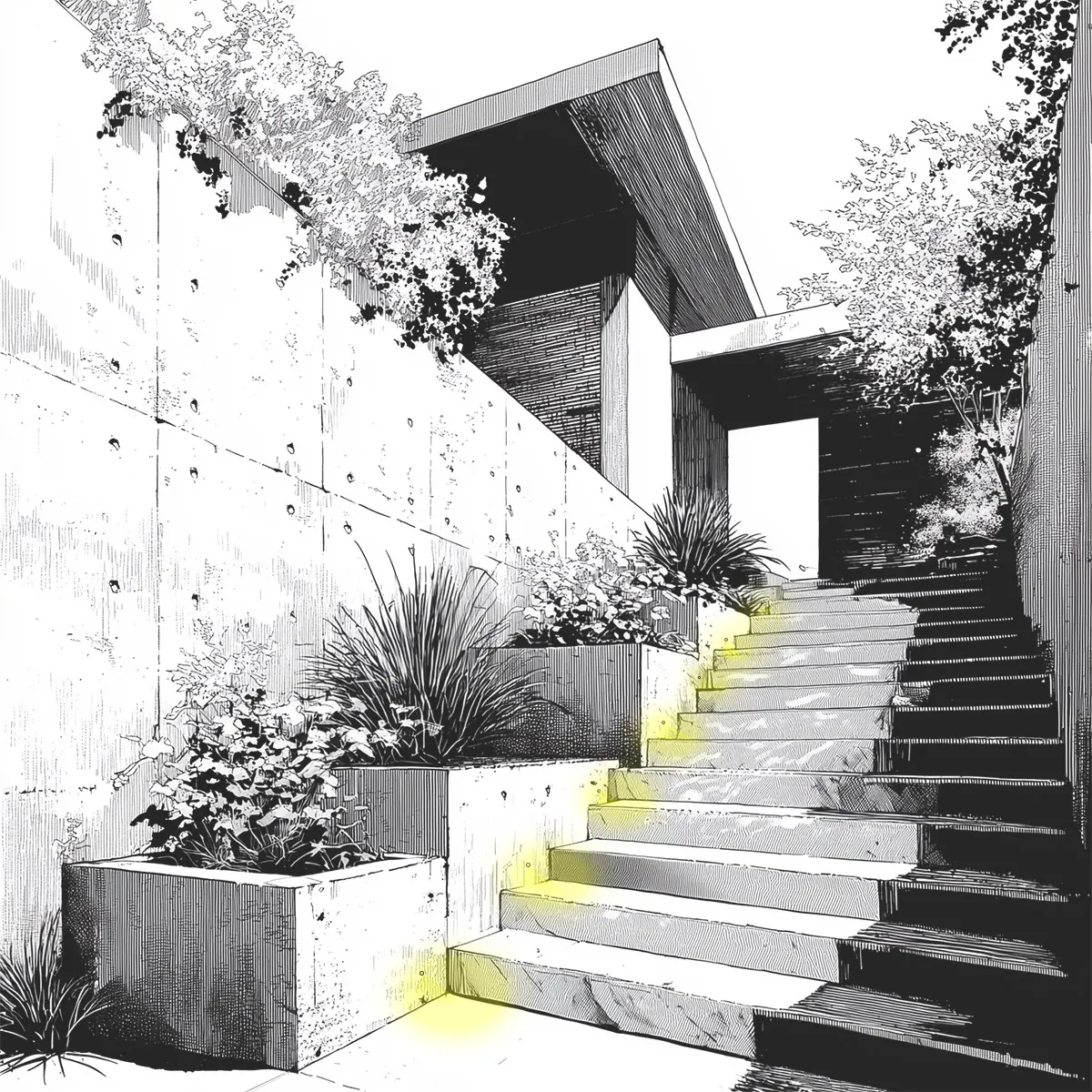 HK Lighting application sketch of step lights along an outdoor stair