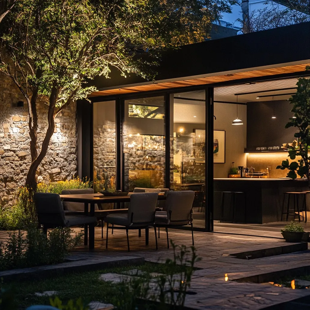 Outdoor dining terrace beside a lit stone wall and open kitchen at night